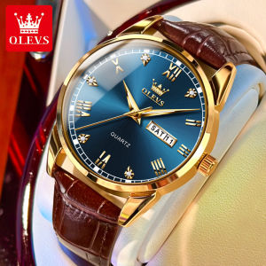 OLEVS watch for men original waterproof quartz movement genuine leather strap multifunctional calendar luminous