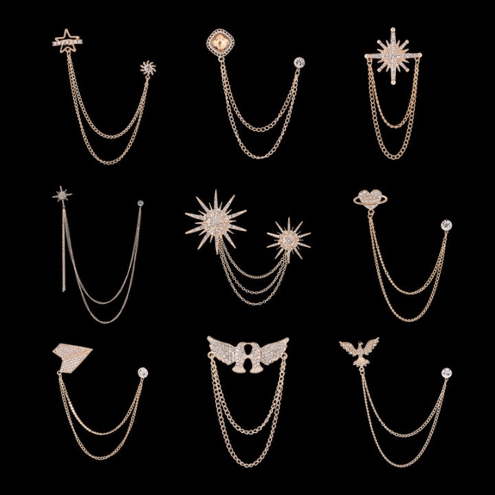 High-end Crystal Star Brooch Cross Tassel Chain Lapel Pins Animal