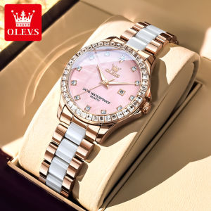 OLEVS 3651 Quartz Fashion Women Watch Gift Round-dial Ceramic Watchband Wristwatch Calendar Luminous