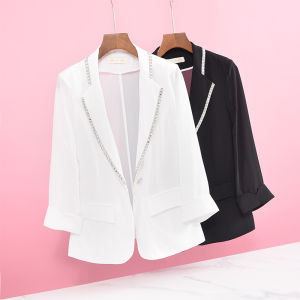 Womens Blazer Korean Style Plain Solid Color Plus Size Thin Slim Fit Seven-Point Sleeve Suit Coat Fashion Top Jacket