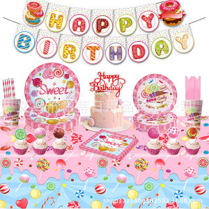 ตกแต่งงานเลี้ยงวันเกิดธีมลูกกวาด อุปกรณ์ปาร์ตี้ขนม จานกระดาษ ถ้วยกระดาษทิชชู่ ธงผ้าปูโต๊ะ