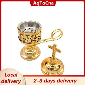 [COD] AqToCna Ship within 24 hours Vintage Metal Cross Incense Burner Indoor Sandalwood Burner Hollow Charcoal Incense Burner Ornament Home Church Decoration