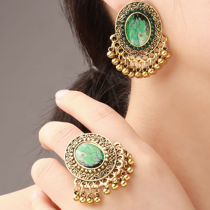 Womens Classic Green Earring/Ring Set Bijoux Wedding Jewelry