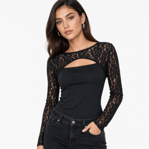 FLYING Breathable Lace Long Sleeve Tops Elastic Solid Color Mesh Cropped Tops Stylish Sun Protection See Through Tops