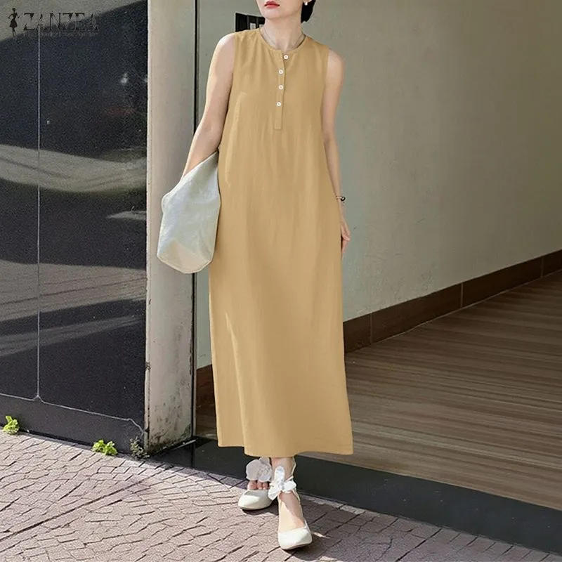 zanzea winter dresses Korean Style Women Holiday O-Neck Sleeveless Half-Button Solid Color Long Dress #0713 Siren Bodycon Maxi Dress mommy and me clothing Dress Size:14 Look great