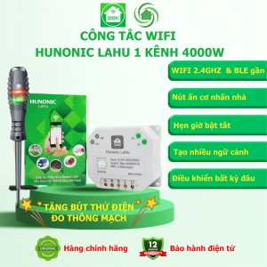 Công tắc Wifi Hunonic LAHU 2 kênh điều khiển từ xa trên điện thoại và giọng nói thích hợp lắp cho tủ điện tổng sử dụng các contactor đóng cắt