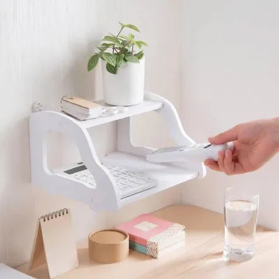 Storage Rack Display Holder Double Floating Wall Mount Shelf Wood Desk Set-Top Box WiFi Router Bracket