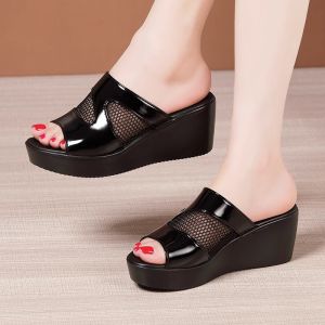 [Free Shipping] WomenS Mid-Heel Wedge Sandals New Summer Style Platform Sole Waterproof With Hollow Mesh And Patent Leather Designed For Outdoor Wear