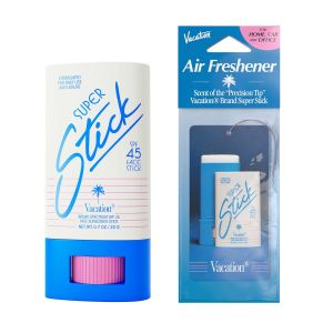 Vacation Super Stick SPF 45 Face Sunscreen Stick and Air Freshener Bundle 0.7 Ounces. Clear Sunscreen for Face Hyaluronic Acid Lightweight Water-Resistant Vegan Travel Size