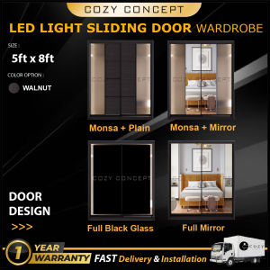 [FREE INSTALL] Almari Baju Full Glass Cermin with LED Light /Mirror Wardrobe Sliding Door Anti Jump Mirror 5ft / 6ft / 8ft 5x8 6x8 8x8