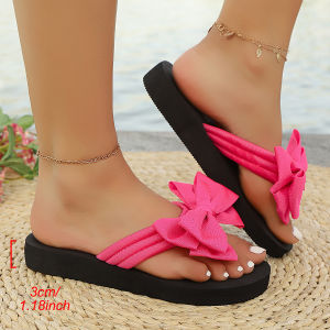 Flat-Soled Flip-Flops With Round Toe Design Bow Decoration Lightweight And Comfortable Beach Sandals