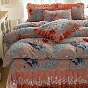 Live Streaming Hot-Selling Double-Layer Lace Trim Milk Velvet Four-Piece Bedding Set Printed Bed Sheet High Grammage Thickened Duvet Cover [ Free Shipping ]