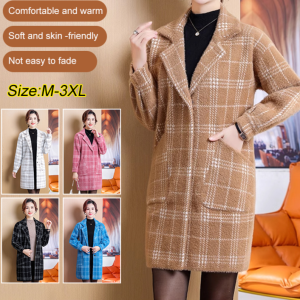 bungee New autumn and winter womens woolen mid-length plaid coat Korean style suit collar coat