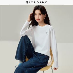 Giordano Beau Monde Women Puppy embroidery crewneck long sleeve cotton tee Free Shipping 13326795