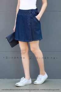 กางเกงกระโปรง ขาสั้นป้ายหน้า ผ้ายีนส์ฟอก กระโปรงกางเกงแต่งป้ายหน้าขาสั้นหญิง