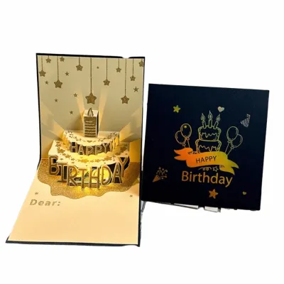 HWSJ with Musical Birthday Card 3D Light Folding Type Greeting Cards Pop Up Birthday Cake Cards Birthday Party Supplies