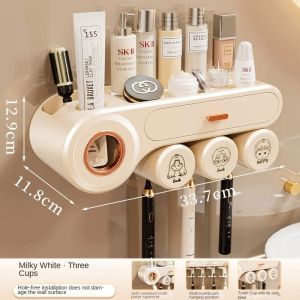 Toothbrush Storage Rack Non Perforated Mouthwash Cup Toiletry With Toothpaste Dispenser Drawer Wall Mounted Bathroom Home Set