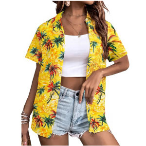 Summer Womens Shirt 3D Printed Hawaiian Shirts Button Up Beach Vacation Shirts Short Sleeve Shirt Casual Lapel Blouse For Women