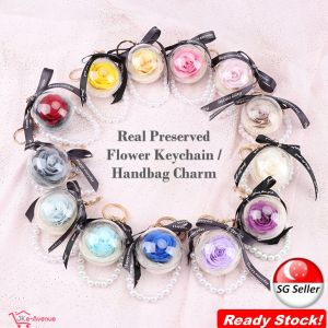 Preserved Flower Rose Keychain Handbag Charm Accessories Pearl Chain. Mothers Day Birthday BFF Bridesmaid Gift