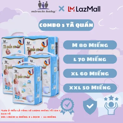 【XẢ KHO】[COMBO 5 Bịch] Bỉm tã quần tơ tằm Miracle Baby cho bé từ 6kg trở lên 5 size M/L/XL/XXL - HSD 11/2026