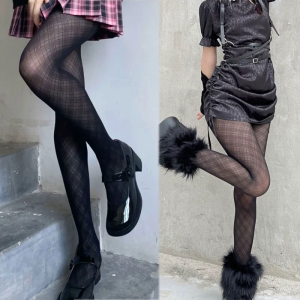 Women Dark Gothic Thin Black Pantyhose Harajuku Japanese Style Diamond Check Plaid Patterned Sheer Tights Cosplay Stockings Leggings