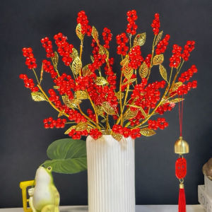 Set tự làm bình hoa hạt đỏ số 8 phát tài - 12 cành hoa handmade DIY - S1016