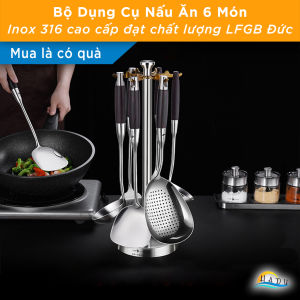 Bộ 6 Món Dụng Cụ Nấu Ăn Inox 316 SSGP Kèm Giá Treo Xoay 360 Độ Tay Cầm Vân Gỗ Cách Nhiệt Chống Nóng Kháng Khuẩn Cao Cấp Đạt Chất Lượng LFGB Đức