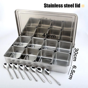 Flip-top seasoning box stainless steel food storage box set with food-grade stainless steel and 8 sets of stainless steel spoons