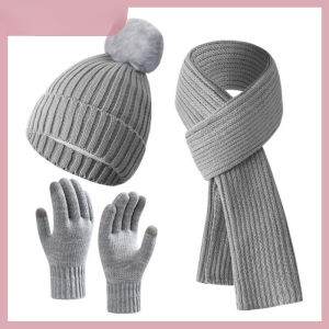 【Spot goods】Winter Knitted Hat Scarf Gloves Set - Fleece-Lined Thick And Warm Simple Solid Color Cozy 3-Piece Winter Accessories