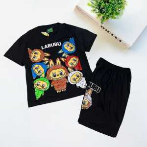 Stelan Baju Anak Harian Lengan Pendek Motif Labubu Usia 1-10 Tahun Bahan Katun Model Kekinian