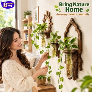 Boho Wall Mounted Wood Shelf Hydroponic Tube Vase Rack For Indoor Plants Home Decor Display