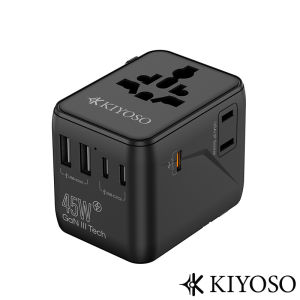 KIYOSO 45W International Travel Plug Universal Adapter 2500W 3 Type-C Fast Charging 2 USB Charger UK US China Japan Aus