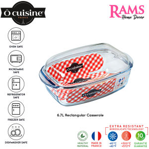 Ocuisine 4.5L / 6.7L Borosilicate Glass Rectangular Clear Casserole with Lid  / Heat Resistance / Borosilicate Glass / Ovenware / Bakeware / Casserole Dish / Casserole / Mangkuk Kaca dan Penutup / Mangkuk Hidang / Made in France - 33cm / 37cm