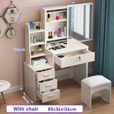 Meja Rias LED Putih Kaca Geser Minimalis Meja Dandan Modern dengan Laci dan Rak Penyimpanan Serbaguna