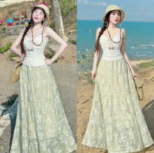Set nàng thơ đồ đi biển set áo Quảng Châu 2 dây đính phụ kiện kèm chân váy hoa dài lót