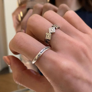 Fashionable Ring Gift  新款小众设计复古做旧纯银方块笑脸戒指ins个性开口食指戒