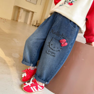 Christmas Gift Halloween Halloween Girls Spring Autumn Kawaii Straight Leg Jeans Sanrio Hello Kitty New Kids Cartoon Anime Stylish Korean Wide Leg Pants