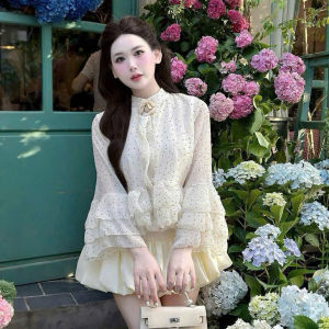 MK_ Set công sở nữ thanh lịch set tiểu thư chân váy Bí Lụa mini phối áo đính hoa tay dài bèo Tơ chấm bi xinh