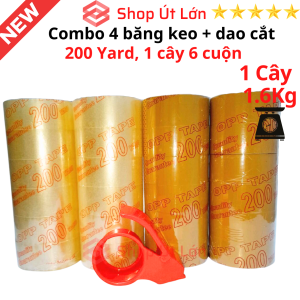 Combo 4 cây băng keo trong đục 200yard kèm dao cắt 1 cây 1.6kg lõi giấy 5mm chiều rộng cuộn 47cm 1 cây gồm có 6 cuộ