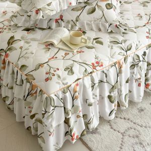 Wrap Around Bed Skirt Thicken Elastic Ruffle Bedsheet with Skirt Flower Non-slip Quilted Bed Sheet Washable Bedspread Cover