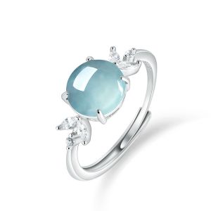 Light Blue Natural A-grade Jade Bead Drip Zircon Women S925 Silver Open Ring with Certificate