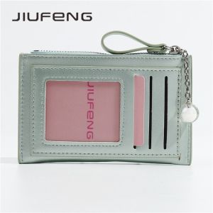 JIUFENG Dompet Kartu Bahan PU Aneka Warna Aksen Ritsleting untuk Wanita