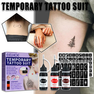 【Fillurb】EELHOE Juice Tattoo Set Durable Waterproof Temporary Painless Hollow Pattern Template Juice Tattoo Liquid Portable Tattoo Set