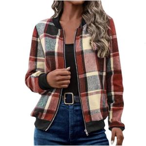 Womens Casual Zip Up Bomber Jacket Coat Lightweight Plaid-print Outwear Tops Windbreaker with Pocket