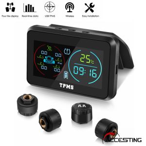 TPMS Tire Pressure Monitoring System with 4 External Sensors Solar Powered Wireless Tire Pressure Monitor 6 Alarm Modes with Time and Temperature Display 0-5 Bar for Sedan SUV MPV Sedan Station Wagon RV etc