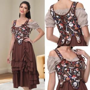 Women Victorian Vintage Mushroom Print Corset Top Adjustable Straps Overbust Bustier Lace Up Body Shaper Waist Cincher