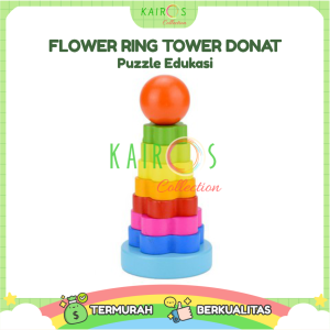 Mainan Anak Ring Donat Bunga Kayu Puzzle Kayu Rainbow Tower Menara Pelangi