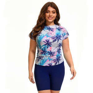 2025 Plus Size Women Swimwear Two Piece Rash Guard Women Short Sleeve Bathing Suit Swimsuit Built in Bra Swim Suit Tree Printed