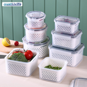 JustLiving Hộp Giữ Tươi Kín Cho Nhà Bếp Kèm Rổ Ráo Nước Hộp Đựng Thực Phẩm Kín PP Cấp Thực Phẩm Dày Dặn Bộ Hộp Đựng Rau Củ Loại Khóa Gài Hộp Sắp Xếp Tủ Lạnh Nhà Bếp