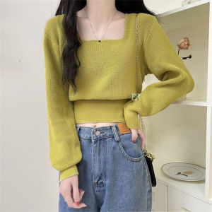 LNR Shop Atasan Lengan Panjang Blouse Square Neck Import Korean Style Long Sleeve Motif Polos untuk Wanita Kasual Casual T-Shirt Sweater Dalaman Kaos Kemeja Jas Kerah Crop Top